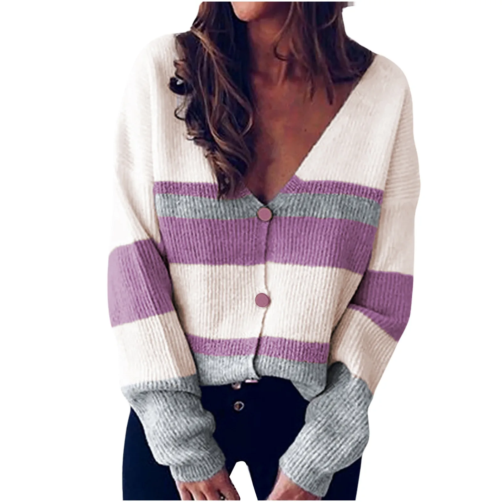 

Sweaters Autumn Winter Women's Knitted V-neck Stitching Button Striped Sweater Top женские свиеѬа 2020 daily wear gifts new